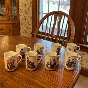 Norman Rockwell 24K Gold-Trimmed 8 Mugs 1982